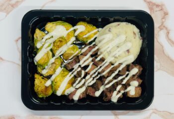 Garlic Aioli Steak, Mashed Potatoes & Brussel Sprouts