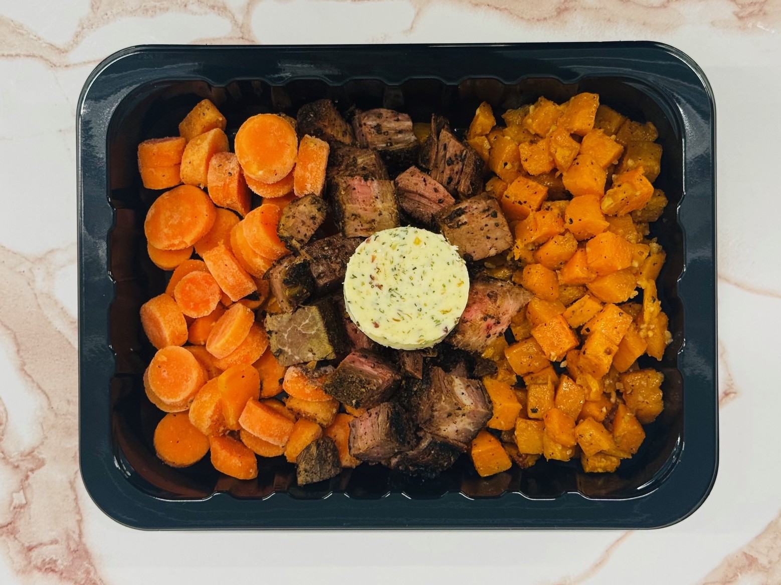 garlic steak, potatoes and carrots